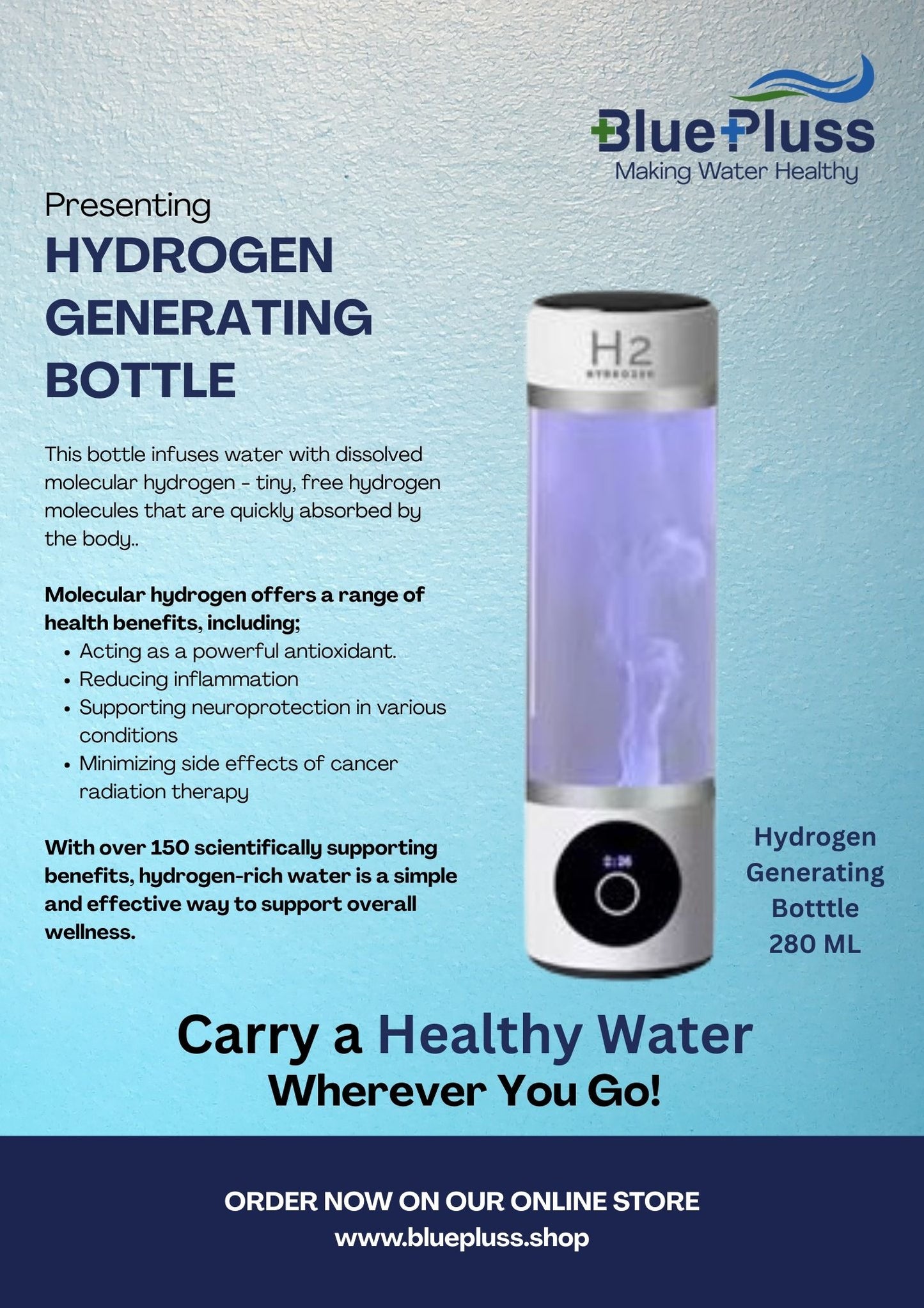 BluePluss Hydrogen Generating Bottle - 280 ML